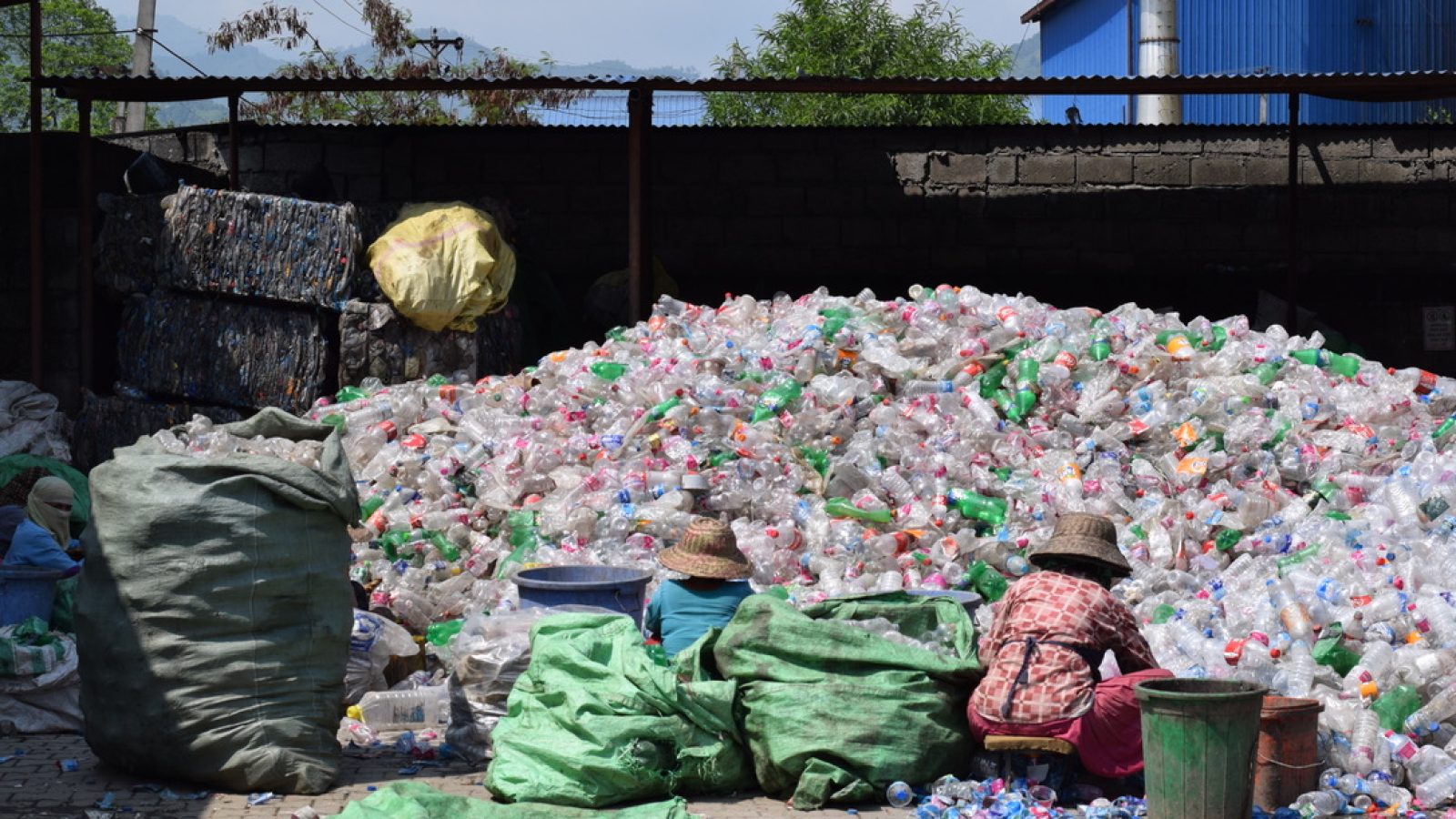 A large pile of empty plastic bottles with a woman sorting them into green bags